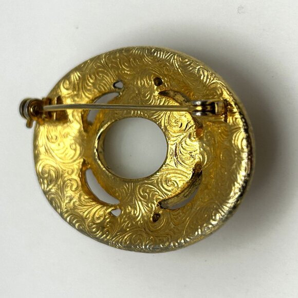 Vintage 1928 Brooch Clip On Earrings Set Faux Moonstone & Pearl Gold Tone - Picture 6 of 12